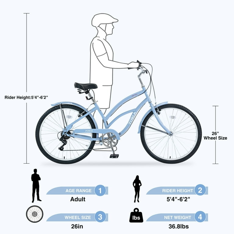 Beach Cruiser Bike Men and Women 18 Inch Steel Frame 26 Inch Wheels 7 Speed Twist Shifters Light Blue