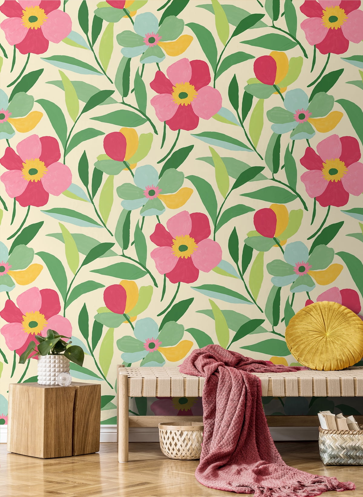 NextWall  Garden Block Floral Peel and Stick Wallpaper 20.5 in. W x 18 ft. L - Pink & Kelly Green
