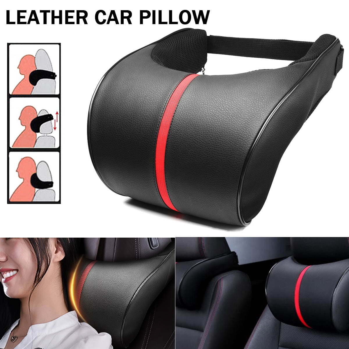 1xBlack Leather Car Auto Memory Foam Pillow Seat Head Neck Headrest Rest Cushion