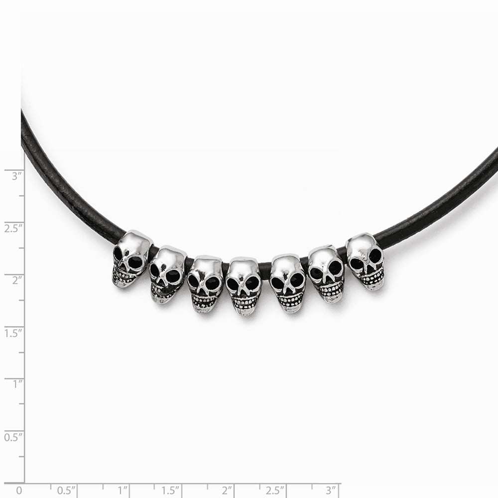 Stainless Steel Polished Antiqued Skulls Black Leather Cord Necklace - 18 Inch