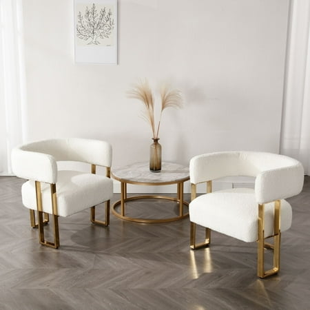 Dayalane Modern Barrel Accent Chairs Set of 2, Sherpa Upholstered Armchairs with Metal Leg, Reading Chairs forLiving Room, Bedroom, Lounge, White