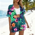thumbnail image 4 of HOZADOIE Two Piece Sets for Women Beach Lounge Sets Stylish Hawaiian Print Color Block Short Sleeve Cardigan Elastic Drawstring Waist Shorts Summer Matching Set, 4 of 7
