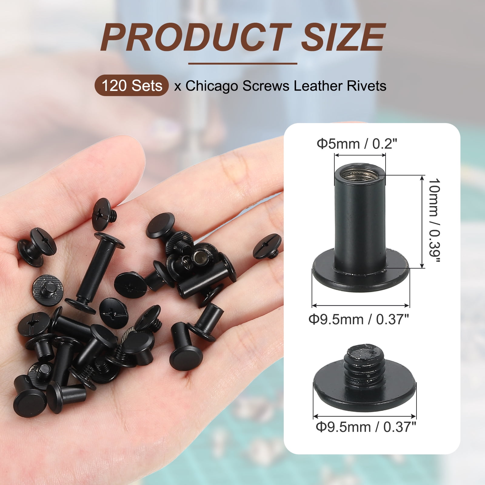 Uxcell 13mm Chicago Screws Leather Rivets, 120 Set Leather Rivets Nail Stud Screws Bolt Assorted Kit for DIY Leather Craft Bookbinding Decorate Repair Belt Bag Clothing, Black