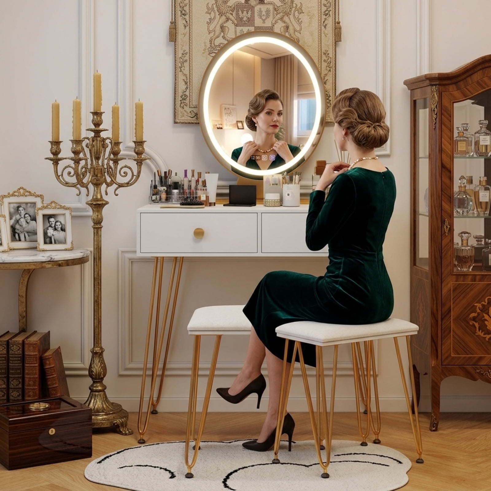 Furnibear Industrial Makeup Dressing Table with 3 Lighting Modes for Bedroom Makeup Dressing Room Vanity Desk Mirror Set, White