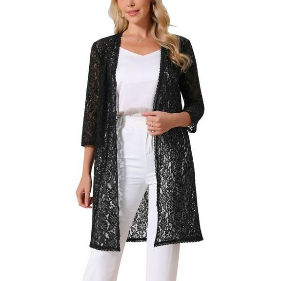 INSPIRE CHIC Women's 3/4 Sleeve Lace Cardigan Elegant Bolero Shrugs Long Flowy Crochet Open Cardigan Daily Outfits S Black
