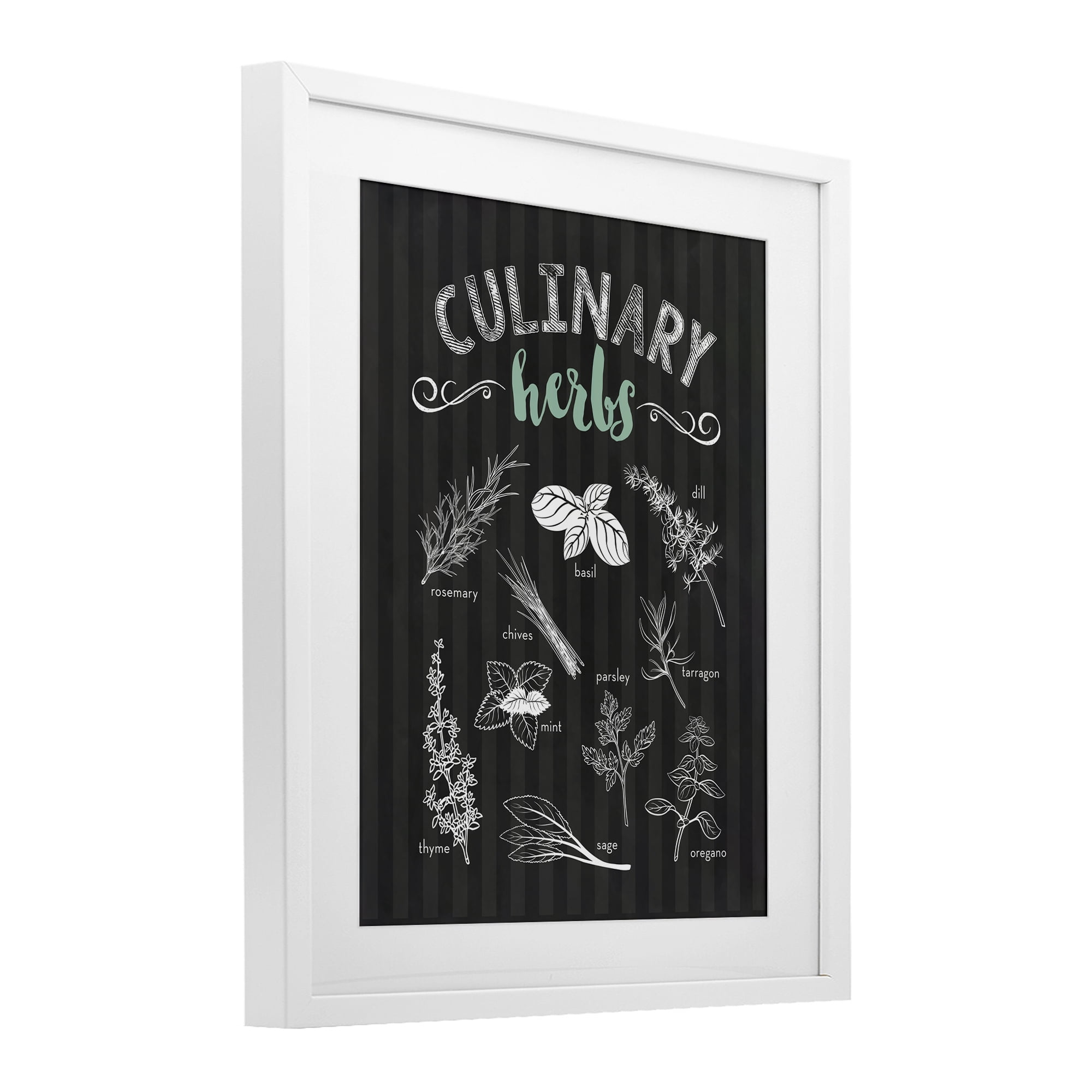 Culinary Herbs on Stripes White Framed Print Under Glass, design by Lettered and Lined