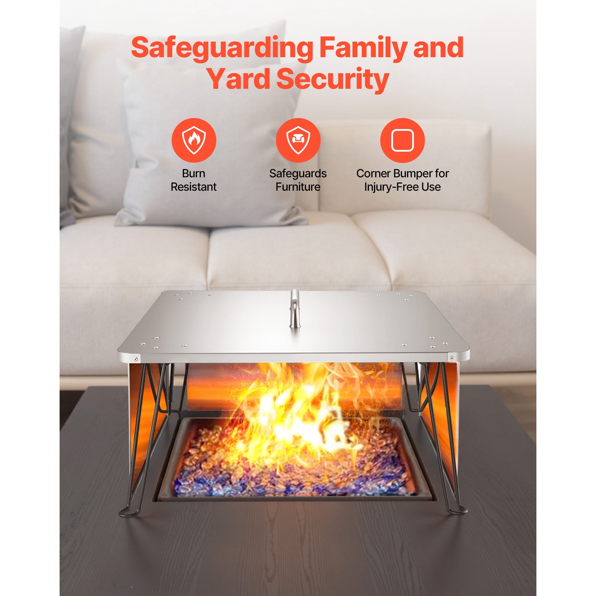 KFFKFF Square Fire Pit Heat Shield, 25.4x25.4x14.6 inch Outdoor Burner Cover, Stainless Steel Wood Burning Heat Reflector with Foldable Legs & Carry Handle for Camping and Bonfires