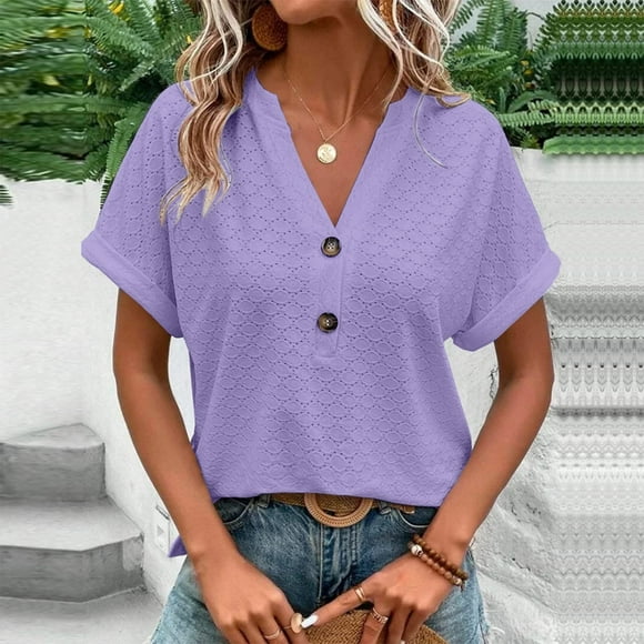 Summer Tops For Women,Fashion Women New Style Solid Color Button T Shirts Breathful Comfy V Neck Short Sleeve Blouses Loose Casual Ladies Tops