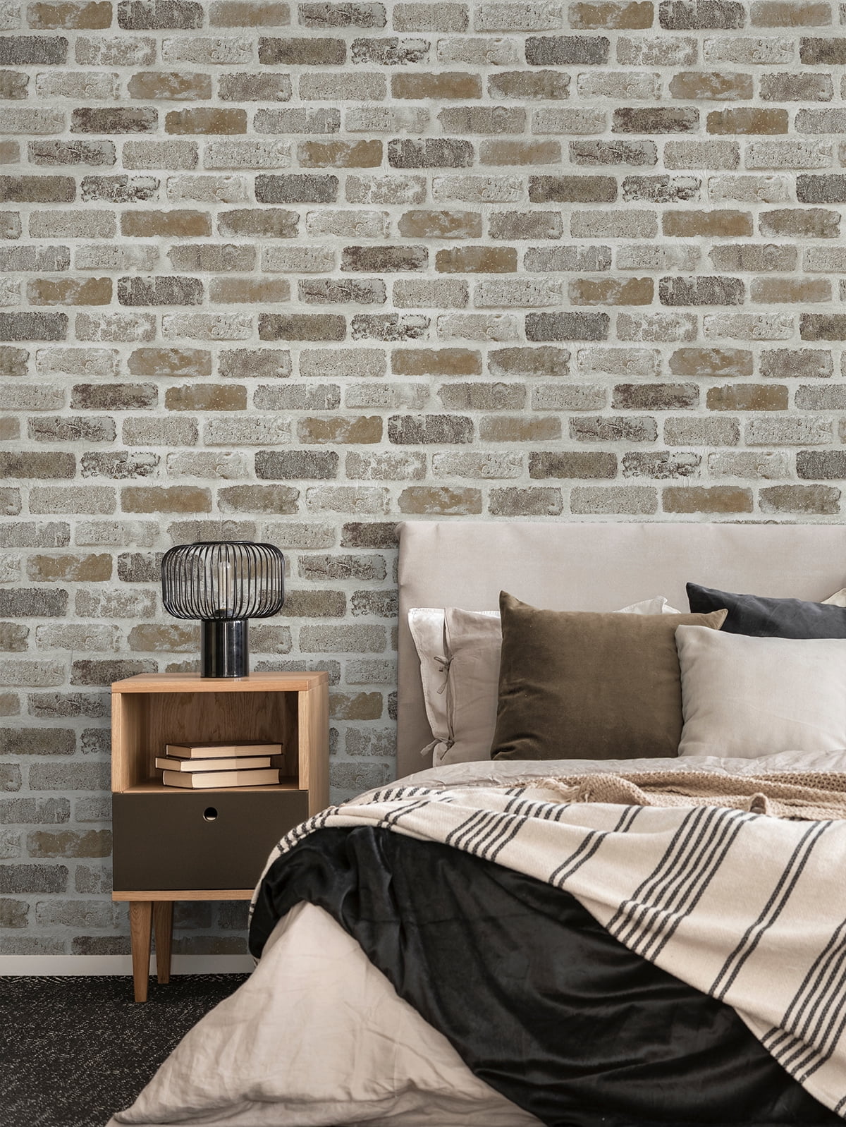 NextWall Tanned Leather & Pewter Washed Brick Peel and Stick Removable Wallpaper