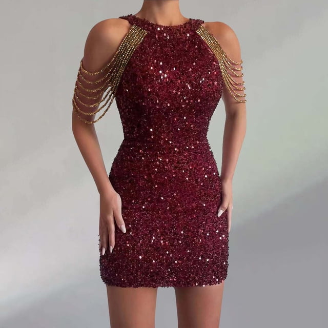 WILLBEST Robe Moulante à Paillettes pour Femme, Couleur Unie, Mode, Col, Aguichant, à Franges, pour Soirée