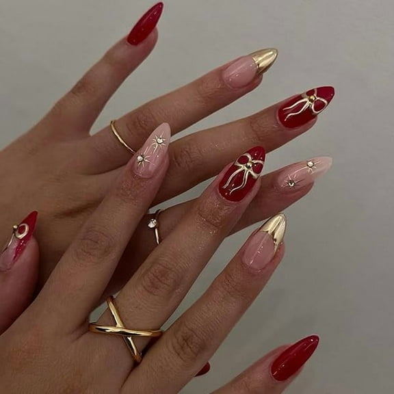 AWTO Bow Press on Nails Medium Almond Fake Nails with Design Red and Gold False Nails Press ons Reusable Acrylic Nail Full Cover Glossy Glue on Nail Stick on Nails for Women Manicure 24 Pcs