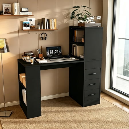 AUU Black Wooden Computer Desk with 4-in-1 Power Socket – 3 Smooth-Gliding Drawers & 4 Storage Tiers, Versatile Workstation for Home Office, Study, or Dorm