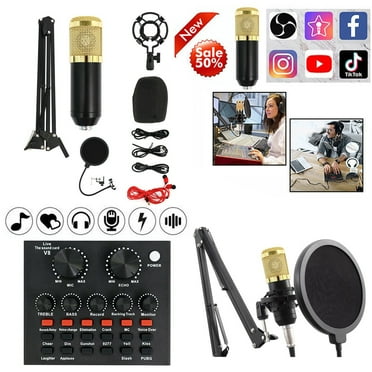 Microphone for Podcast Equipment Bundle and Studio Recording Equipment, V8 Microphone for Computer, Microphone Kit with Sound Card, Black