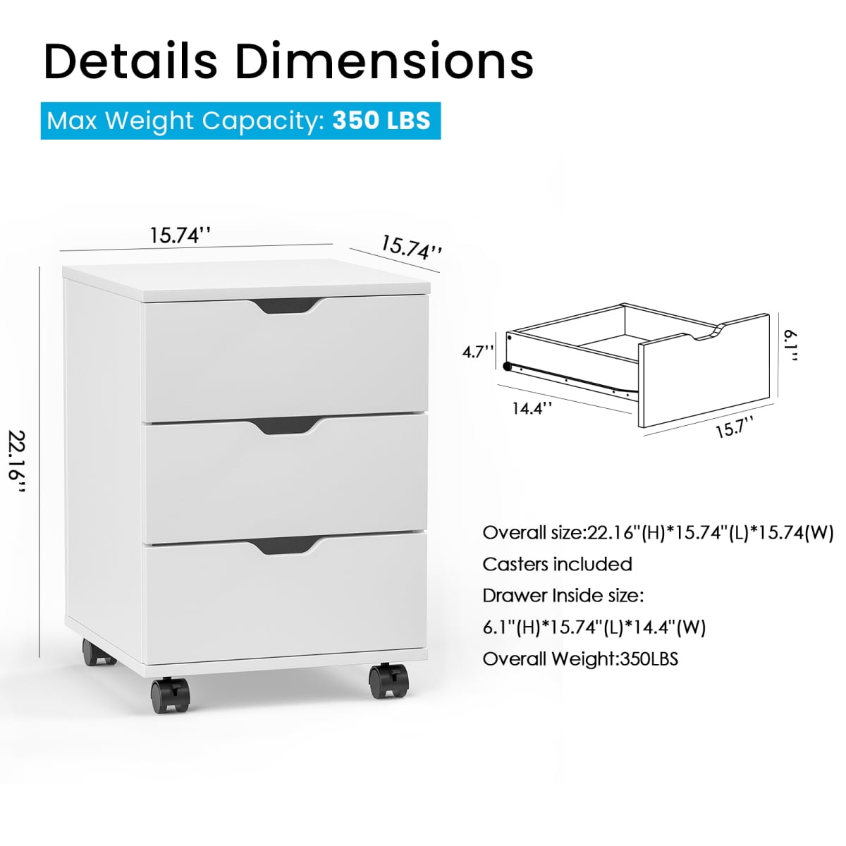 3-Drawer Vertical Filing Cabinet Rolling Wood Mobile File Cabinets Under Desk for Home Office with Casters Fully Assembled White Wood