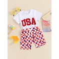 thumbnail image 5 of Aojekbee 4th of July Toddler Boys Outfits Fuzzy Letter Embroidery T-Shirts Stars Patrtern Checkerboard Shorts 2Pcs Clothes Set, 5 of 10