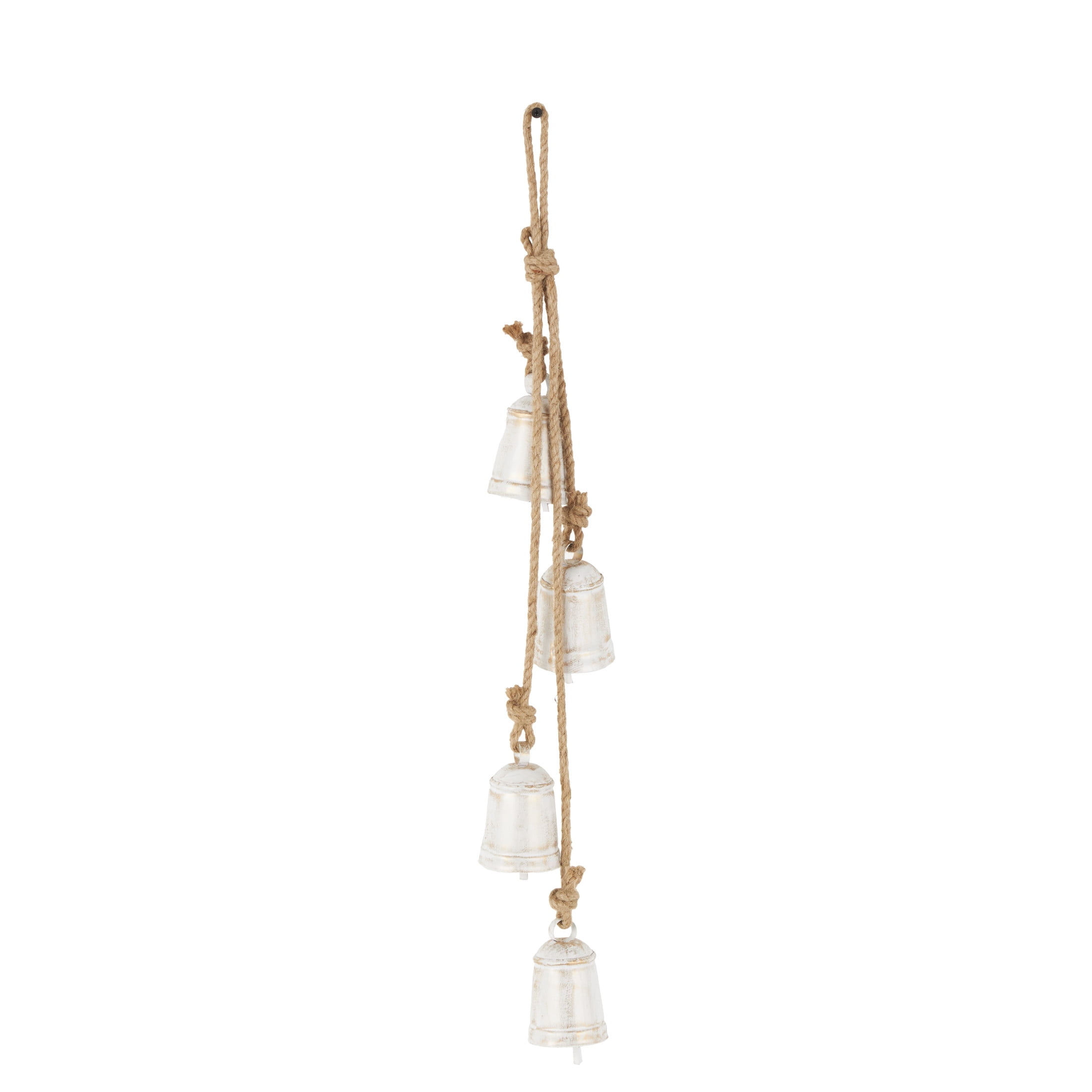 DecMode Tibetan Inspired Cascading White Metal Cylindrical Decorative Bells with 4 Bells on Jute Hanging Rope