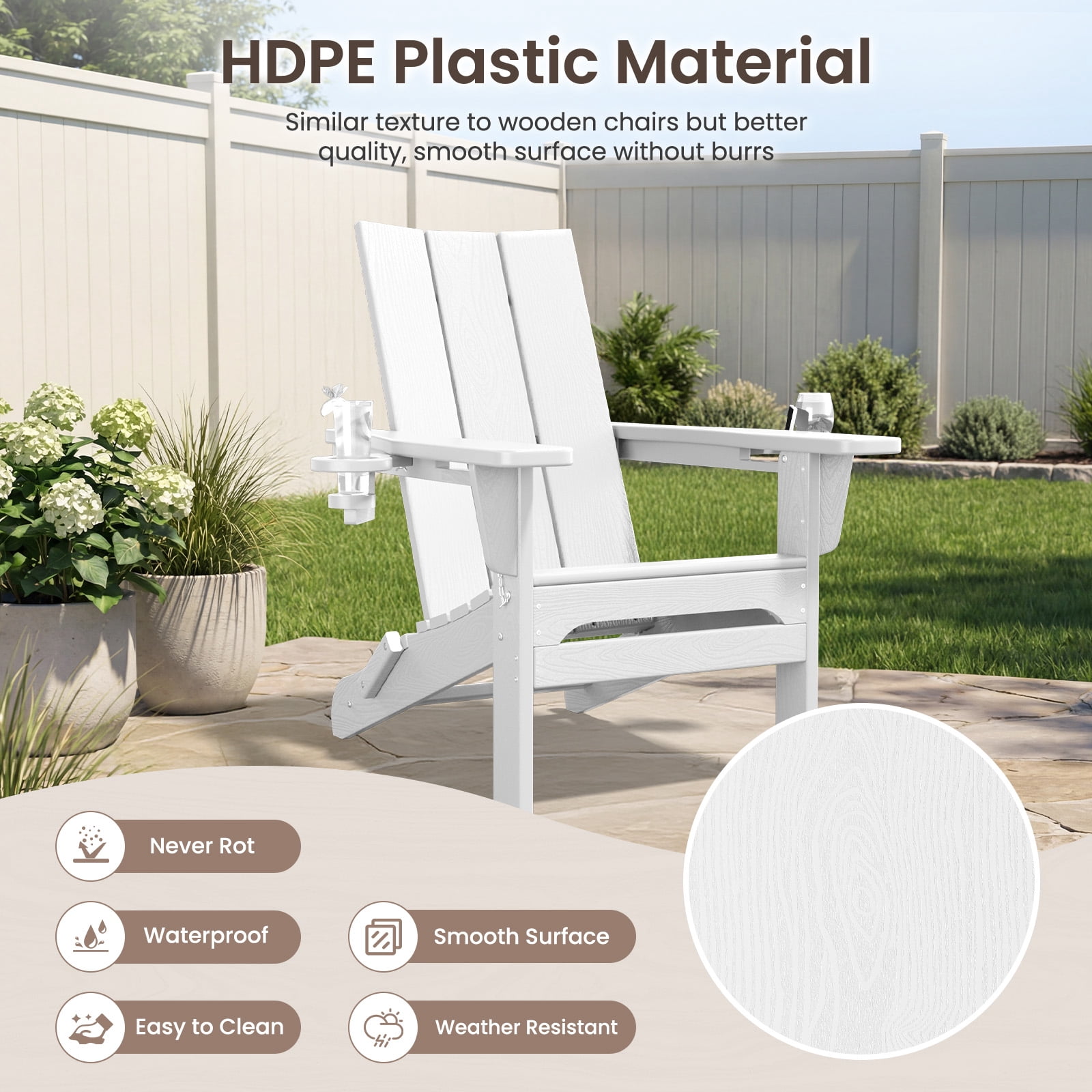 RIAFUN HDPE Foldable Adirondack Chair, Outdoor Patio Chair with 2 Cup Holders, Heavy Duty All-Weather Seating for Lawn,Porch,Deck,Backyard, White