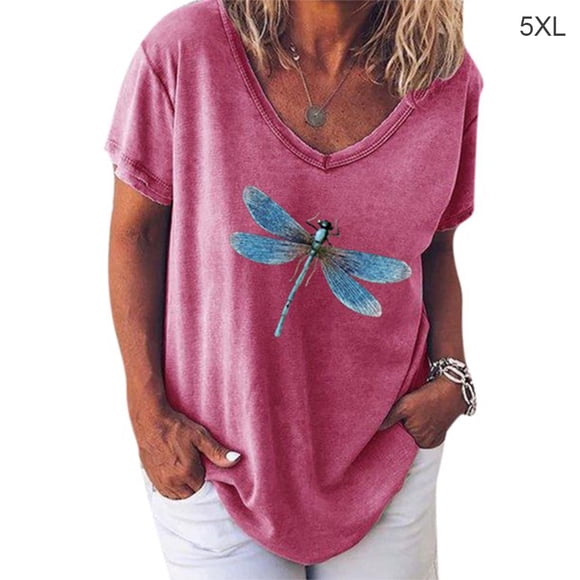 keepw Womens Plus Size Short Sleeve T Shirts Summer Casual V Neck Blouses Loose Tops Pink 5XL
