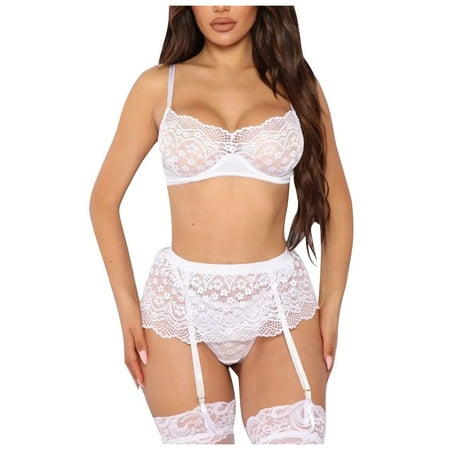 

QWERTYU Babydoll Sexy Lingerie Set for Women Lace Ruffle Bra and Panty Sets Teddy Lingerie with Garter XL White
