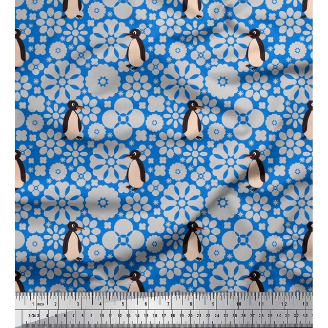 Soimoi Modal Satin Fabric Floral & Penguin Ocean Print Fabric by The Yard 42 Inch Wide