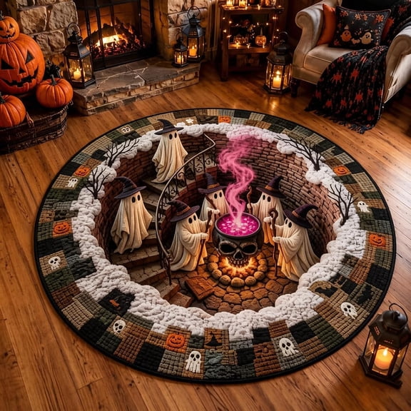 3D Haunted Staircase Round Rug – Spooky Halloween Optical Illusion Area Mat | Ghost Quilted Carpet Skeleton Pumpkin Home Decor for Living Room Door Indoor Party Non-slip Soft Fabric