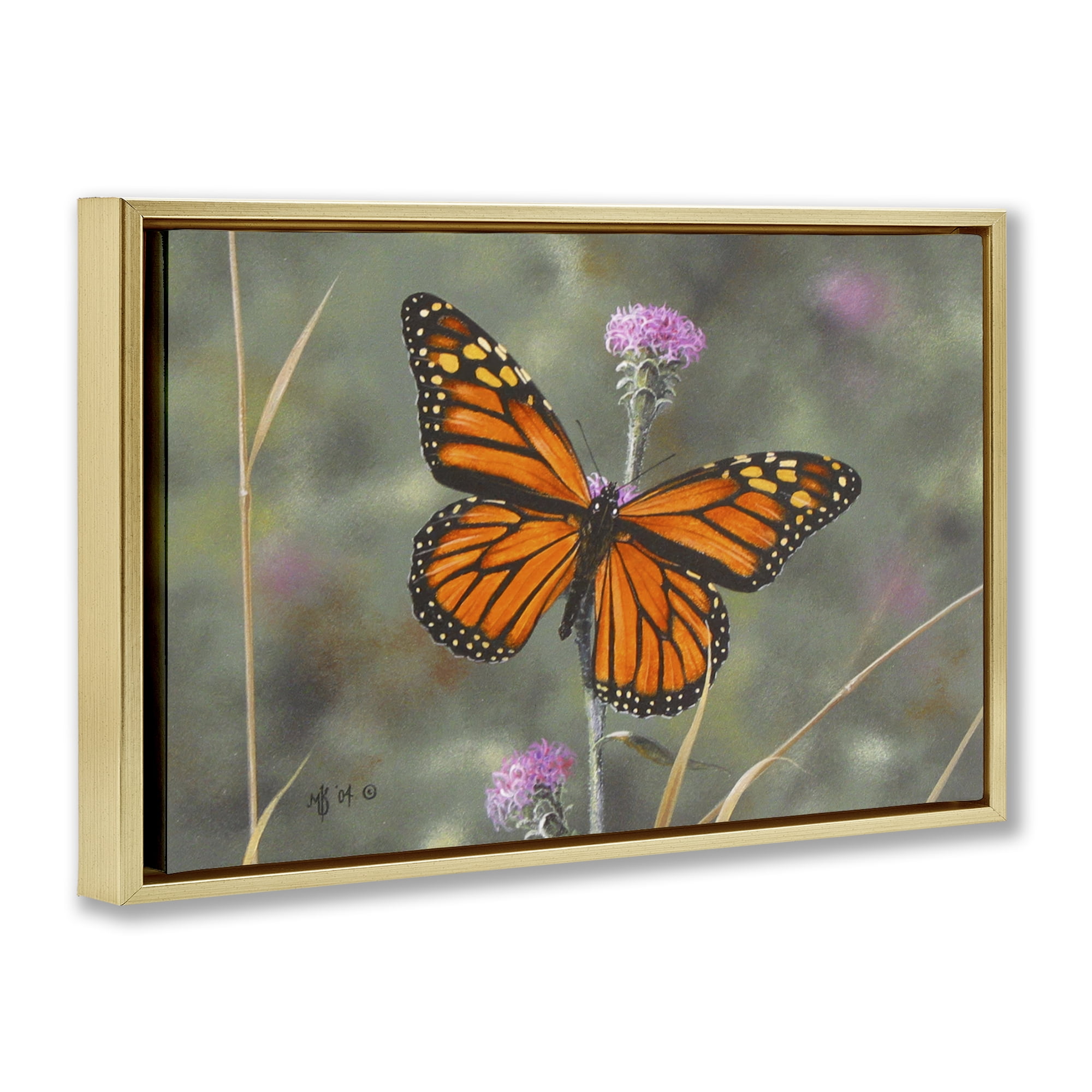 Stupell Industries Summer Visitor Butterfly Animals Photography Gold Floater Framed Canvas Art Print Wall Art, 25 x 17