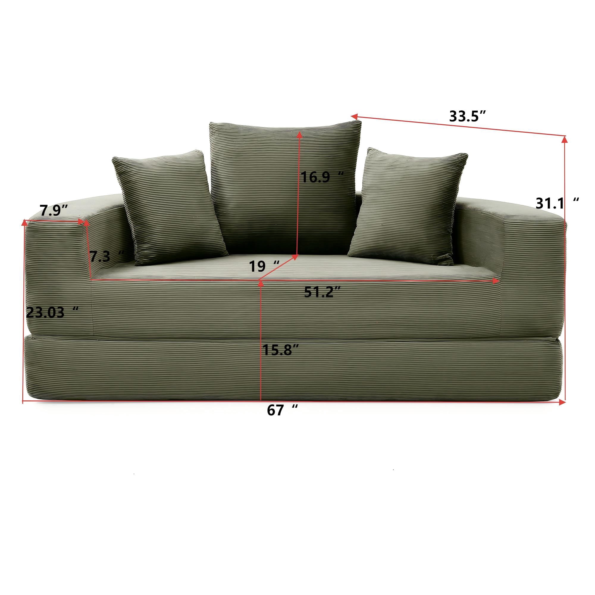 Miniyam 67" X 67" Convertible Sofa Corduroy Couch Bed For Apartment, Adjustable Futon Sofa No Assembly Compressed Sofa, Green