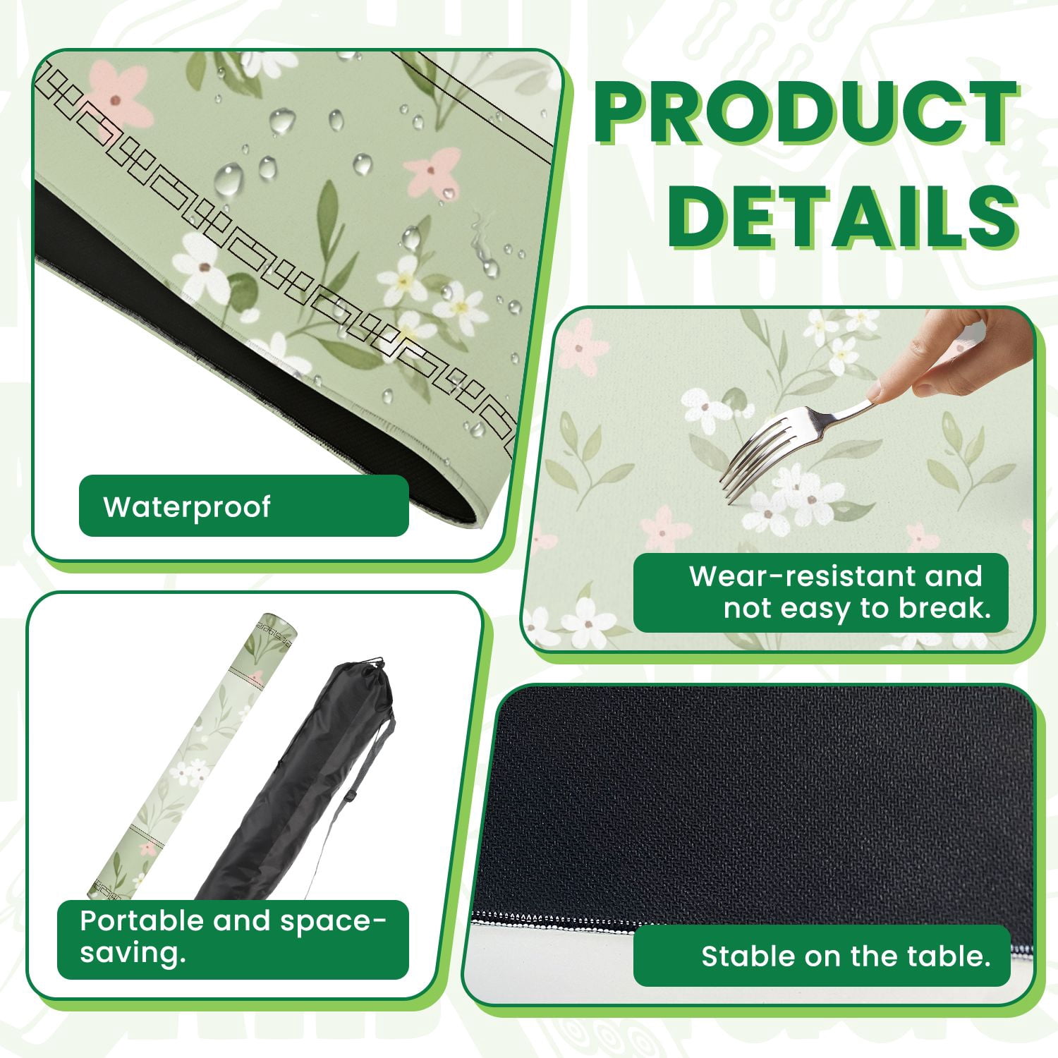 Mahjong Mat 31.5" x 31.5" Seamless Watercolor Floral White Blossoms Green Non-Slip Noise Reduction American Mahjong Tiles Table Cover for Dominoes Poker Card Board Games Gift