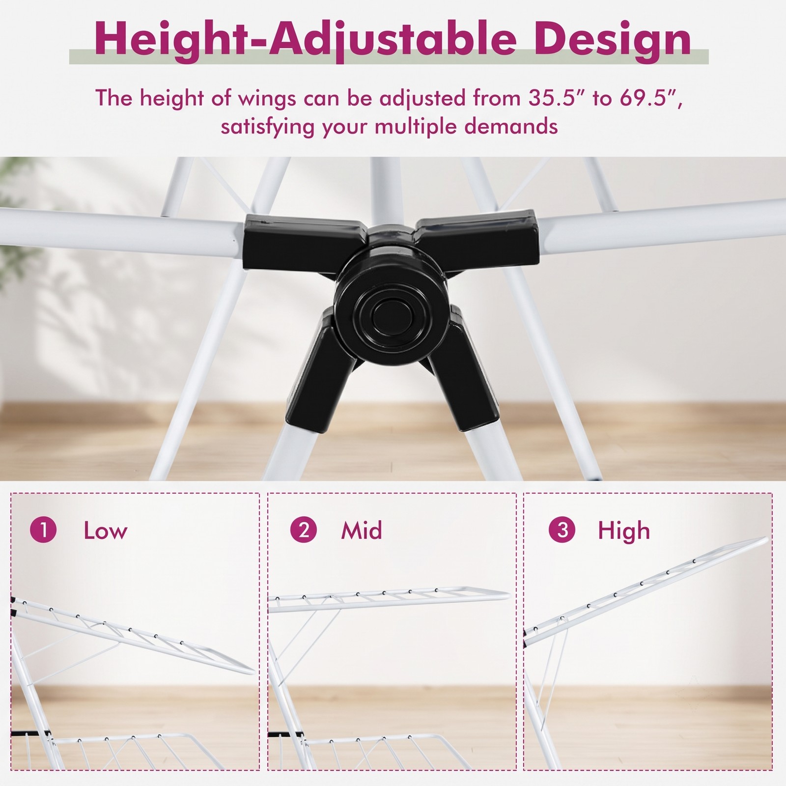 Fenbeli 2-Tier Foldable Clothes Drying Rack, Collapsible Steel Laundry Drying Rack with Adjustable Gullwing Wings for Indoor Outdoor Balcony, Space-Saving, White Black