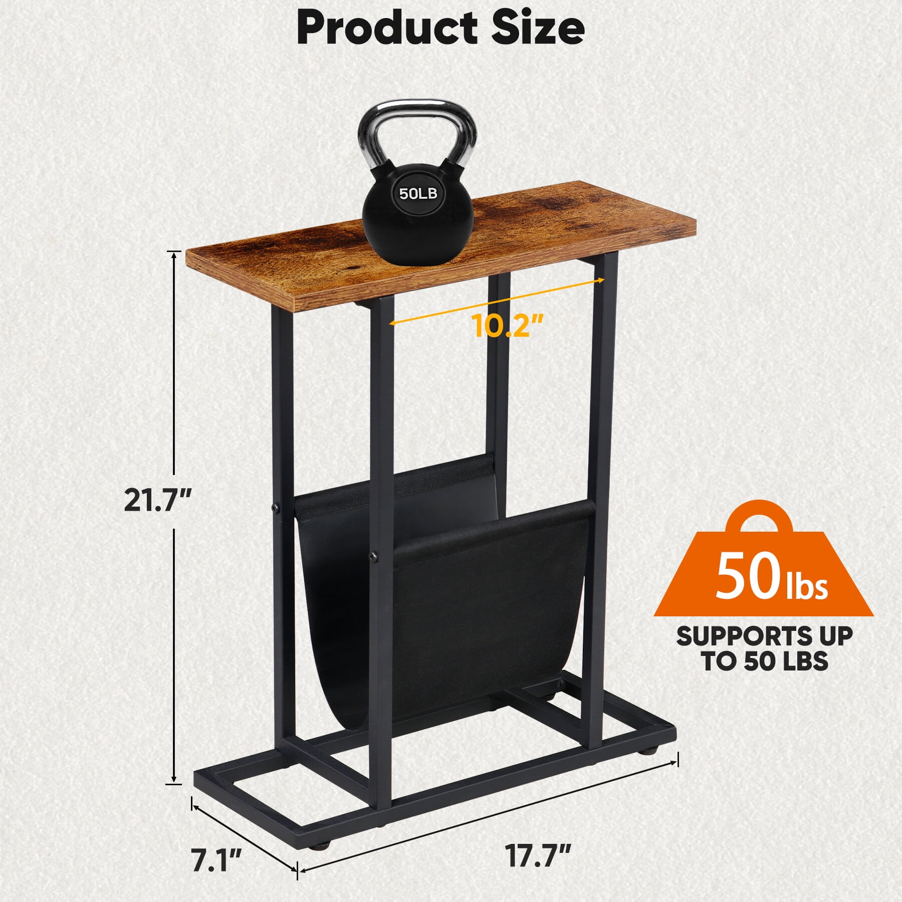 HomGarden 17.7"L x 21.7"H Narrow Side Table Small Metal End Table W/Storage Holder for Sofa Couch Bed, Rustic Brown