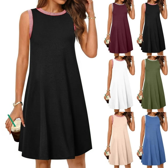 Bovxnpu Womens Summer Dress, Women's Casual Sundress Flowy A-Line Dresses Mini Dress, Women's Casual Sleeveless Mini Sundress Crewneck Tank Loose Beach Dresses XL