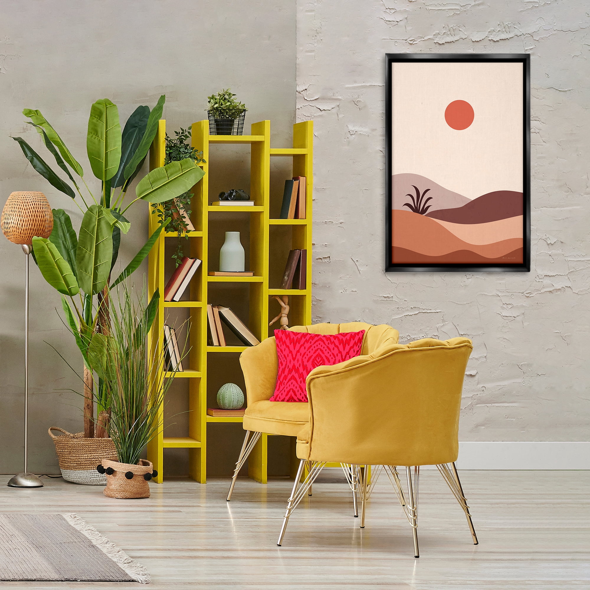 Stupell Industries Boho Desert with Plant Landscape & Nature Painting Black Floater Framed Canvas Art Print Wall Art, 21 x 31