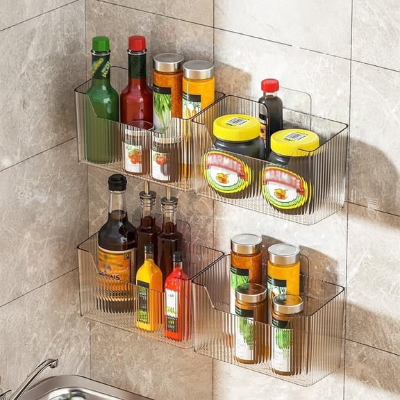 TIE-DailyNec 4 Pack Self-Adhesive Clear Plastic Storage Organizer Bins, Wall Mount Transparent Storage Boxes for Kitchen Cabinet, Bathroom & Storage Room