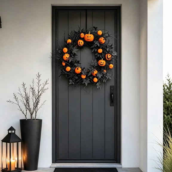 Halloween Wreath for Front Door, 19.68 Inch Artificial Pumpkin Wreath with Black Maple Leaves, Fall Decoration for Indoor Outdoor Porch Wall Entryway