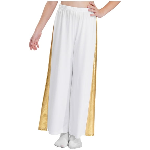 Miutii Liturgical Dance Praise Pants for Girls Shiny Metallic Patchwork Waist Elastic Toursers for Ceremony Performance White 12