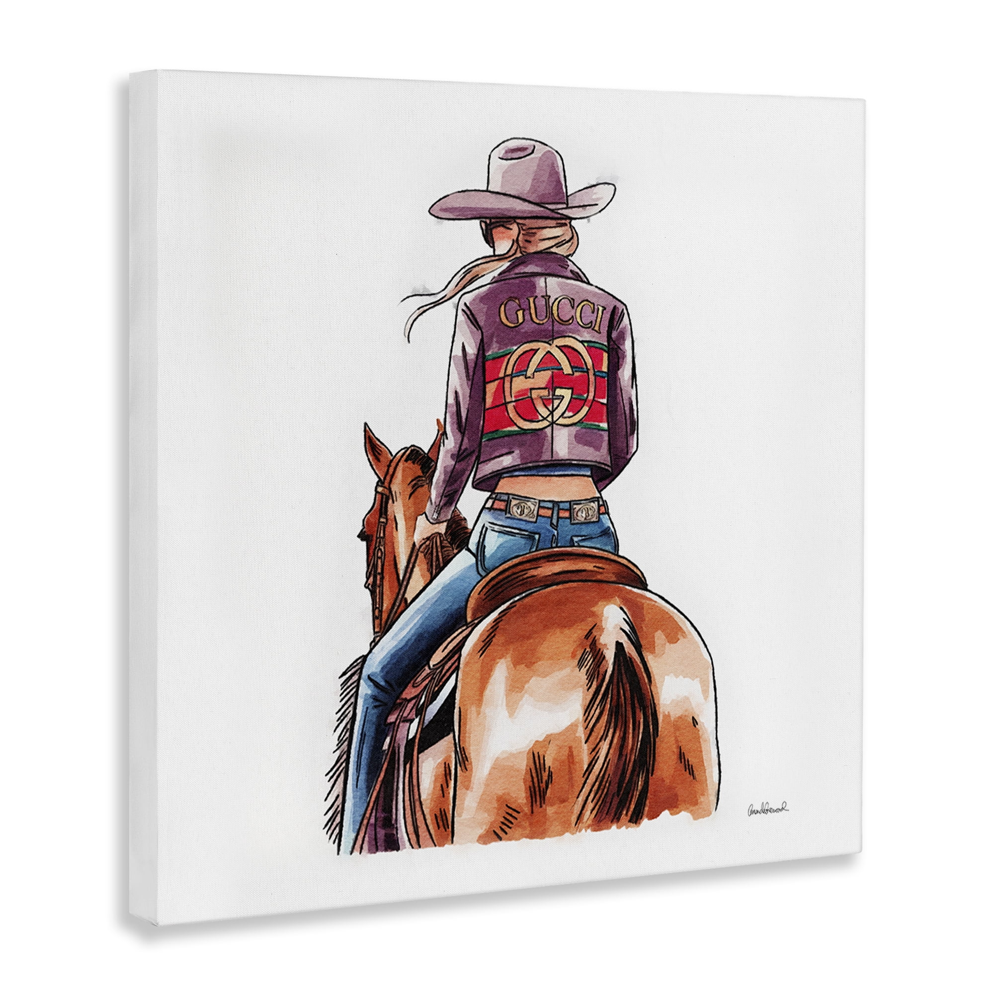 Stupell Industries Glam Cowgirl on Horse People Painting Wrapped Canvas Art Print Wall Art, 17 x 17