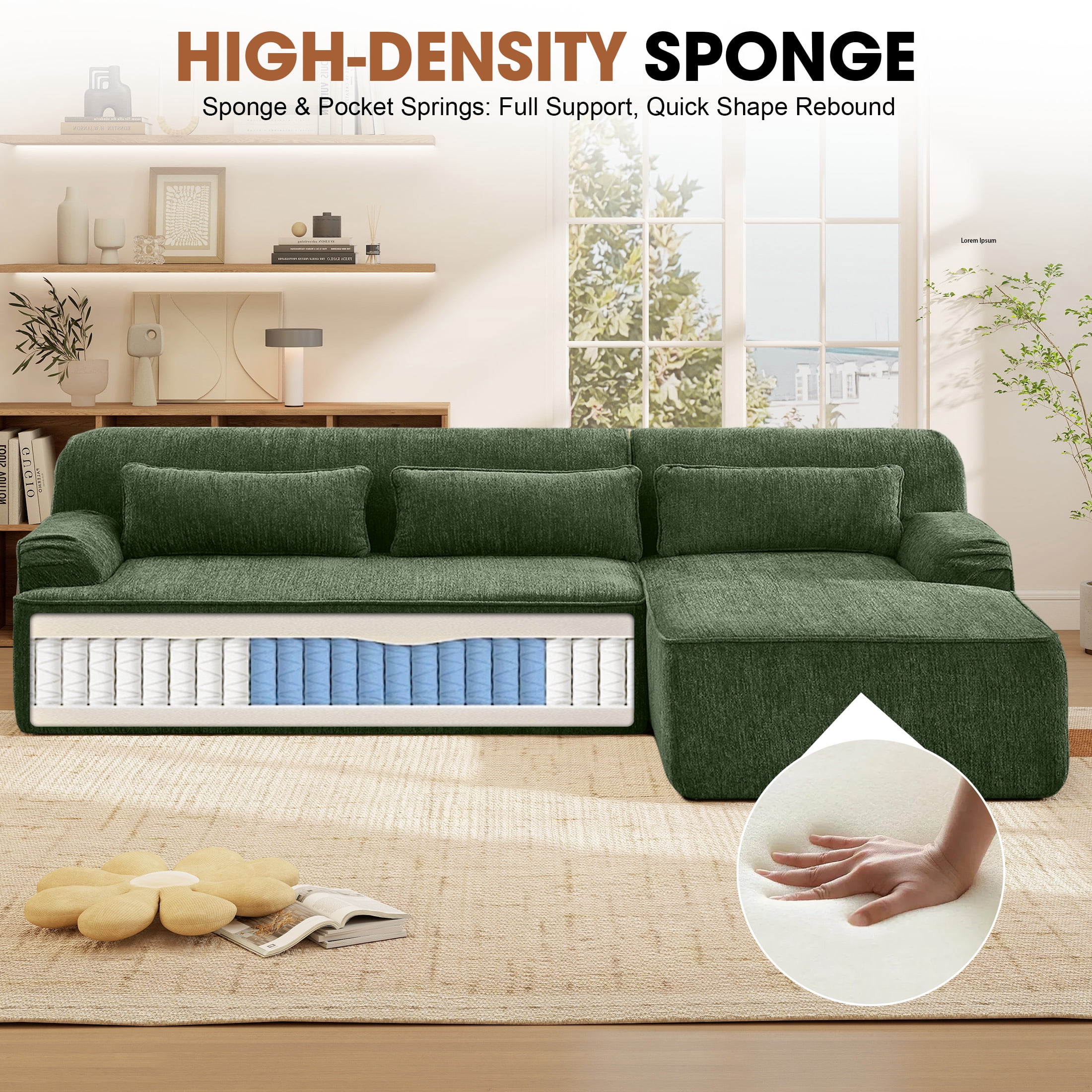 Aukfa 102.4" Chenille Modular Sectional Sofa with Right-Facing Chaise, Deep Seat Couch, No Assembly Required, Green