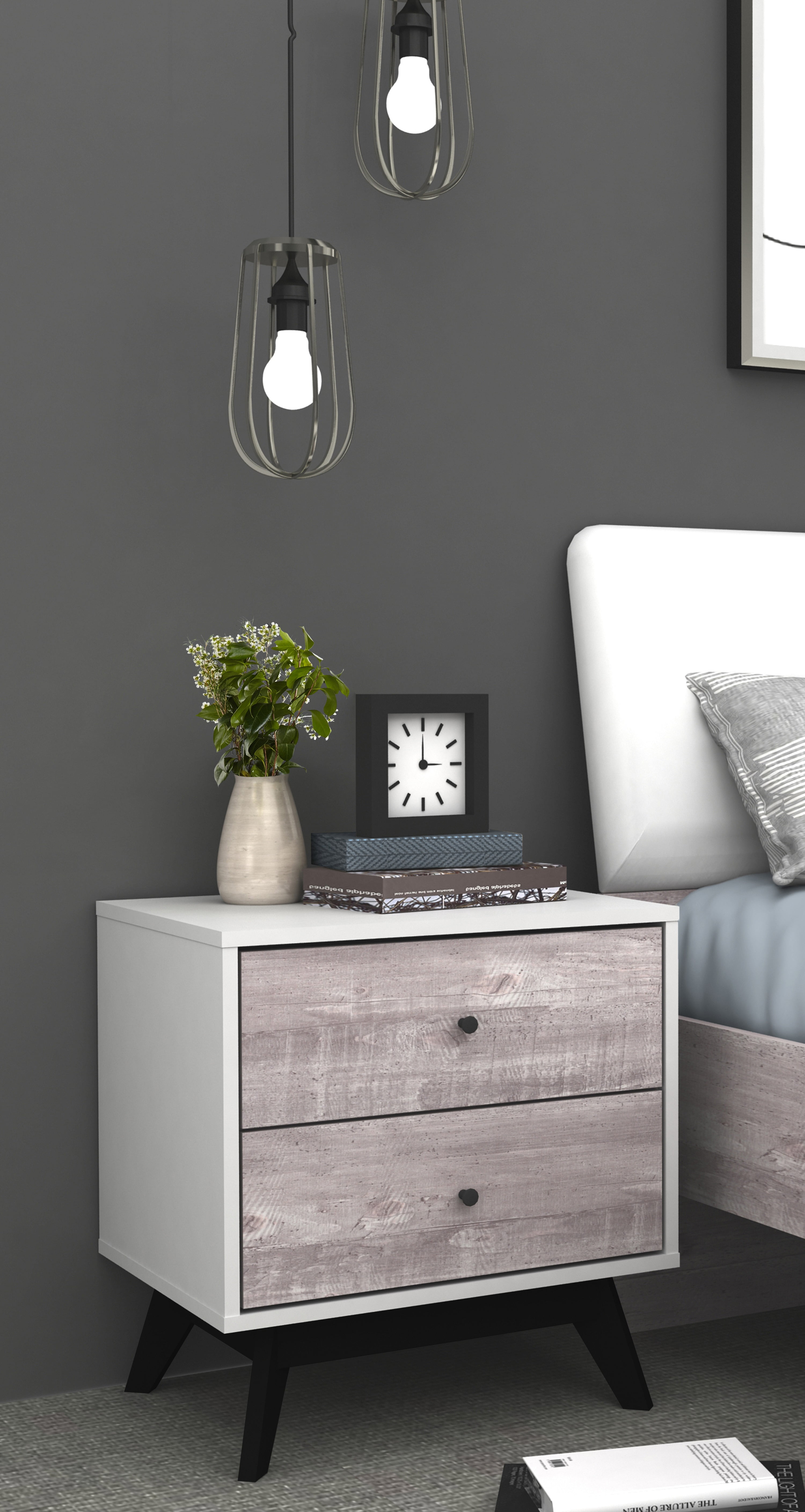 Crislana Mid-Century Nightstand White/Weathered Gray - Buylateral: 2 Drawers, Black Metal Pulls, Storage