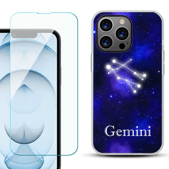 Slim-Fit Gel TPU Phone Case for iPhone 13 Pro Max, with Tempered Glass Screen Protector, by OneToughShield ® - Zodiac / Gemini