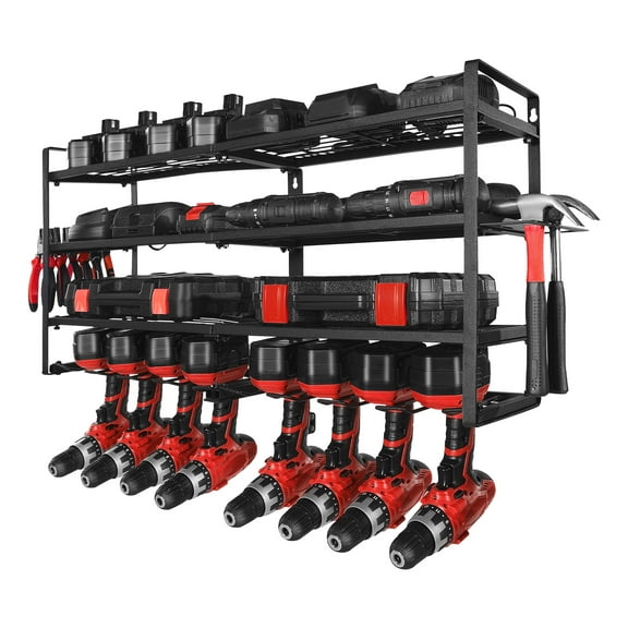 KFFKFF Wall-Mounted Power Tool Organizer, 4-Tier Storage Rack with 8 Drill Slots, Tool Holder and Rack with Screwdriver Storage, Ideal for Garage, Workbench, and Workshop Organization
