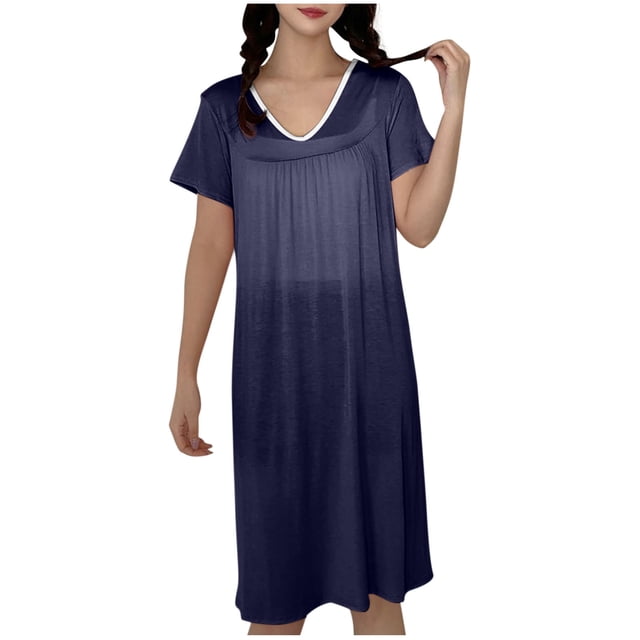 Ohufall Chemises de Nuit en Coton pour Femmes à Manches Courtes, Respirantes, d'Été, Col Rond, Classiques et Amples