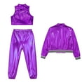 thumbnail image 4 of TiaoBug Kids Girls Metallic Hip Hop Dance Outfits Shiny Crop Top with Bomber Jacket and Pants Set Purple 6, 4 of 5