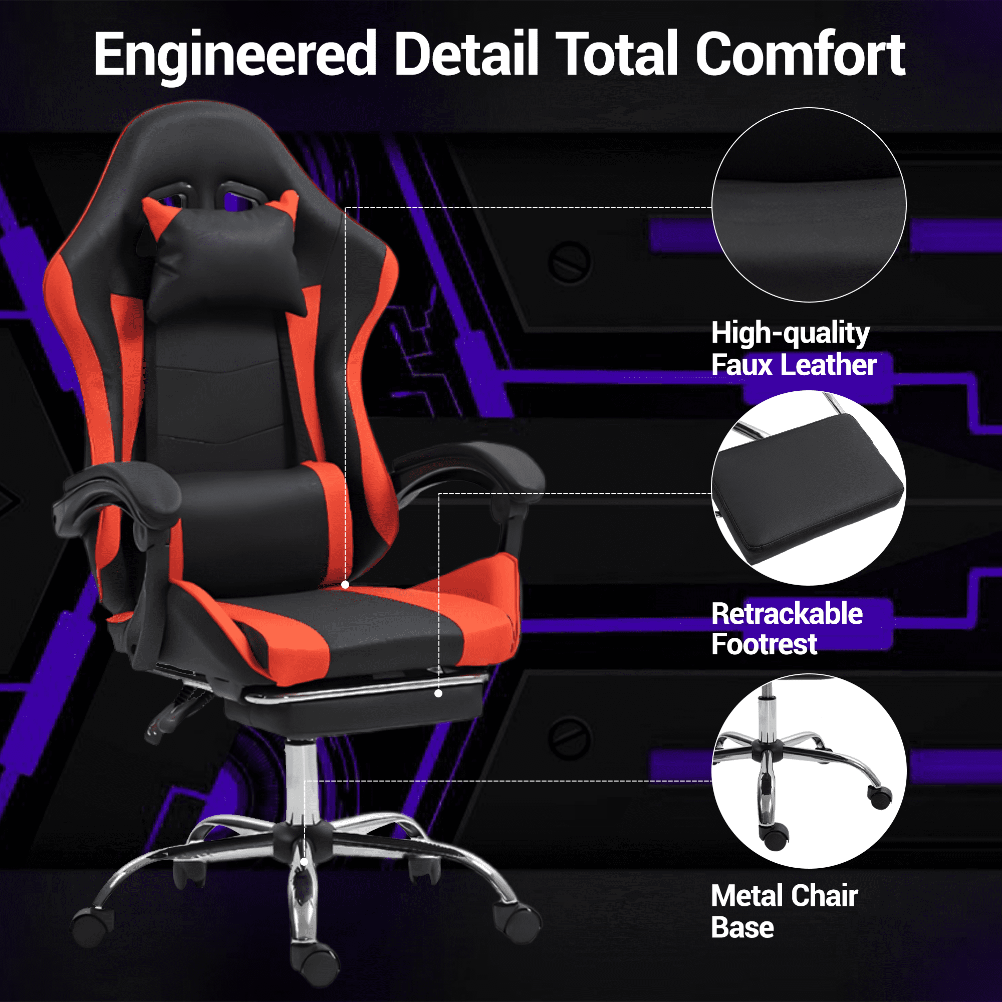 WENTUM Gaming Chair with Massage Lumbar Support - Ergonomic Video Game Chair for Adults, Adjustable Headrest & Footrest, 90-135° Recline, 360° Swivel, Red