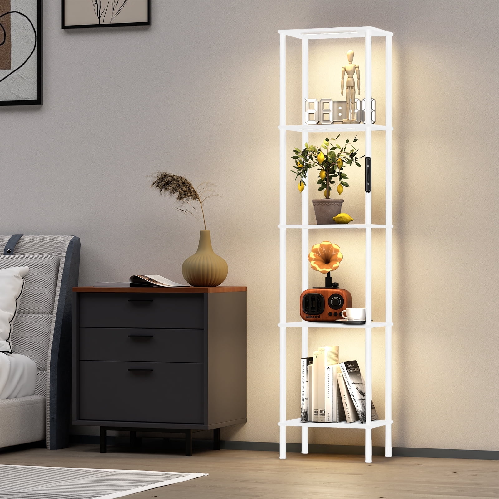 OUTONLIFE Display Shelf with LED Light Strip, 5-Tier Bookshelf, 66.5" Display Standing Shelf Units for Bedroom, Bathroom, Living Room, Kitchen, White