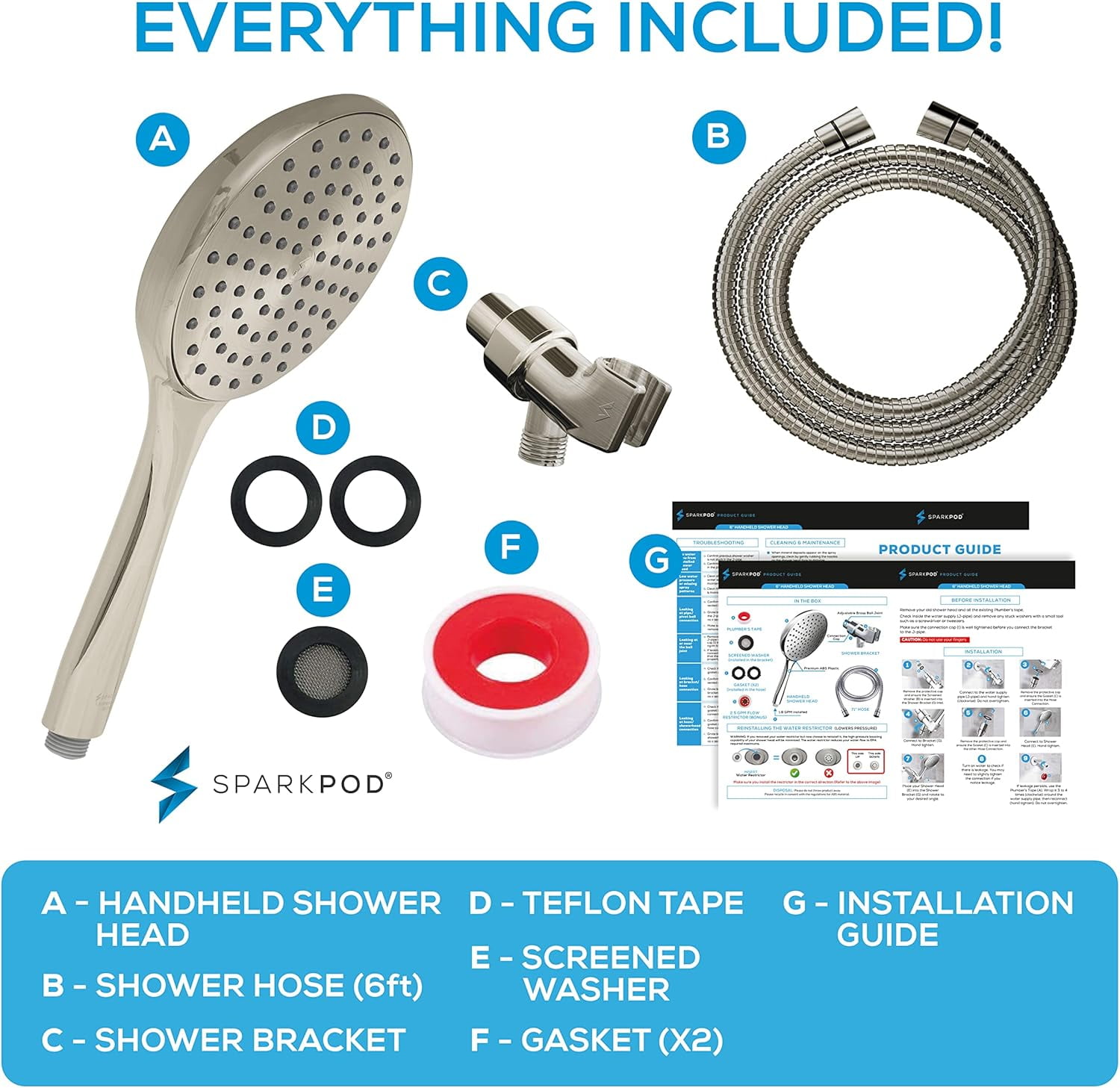 SparkPod Rainfall Shower Head with Handheld - 6-Inch Head, 6ft Hose, Adjustable Bracket (Elegant Brushed Nickel)