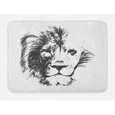 Tattoo Bath Mat, The King of the Jungle Pencil Drawing Handmade Majestic Lion Head Image Print, Non-Slip Plush Mat Bathroom Kitchen Laundry Room Decor, 29.5 X 17.5 Inches, Grey and White, Ambesonne