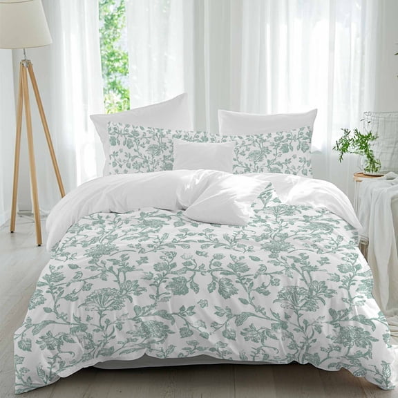 3 Piece Spring Flower Duvet Cover Set Twin Size, Microfiber Comforter/Quilt Cover with Corner Ties and 2 Pillowcases, Vintage Farmhouse Turquoise Boho Leaf All Season Soft Bedding with Zipper Closure
