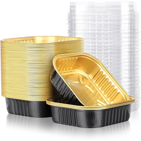 Beasea Aluminum Ramekins With Lids, 50 Pack 8.5oz 250ml Disposable Mini Small Square 4 Inch Foil Aluminum Baking Cups Oven Baking Mini Brownie Cupcake Pan Tins for Party - Black Gold