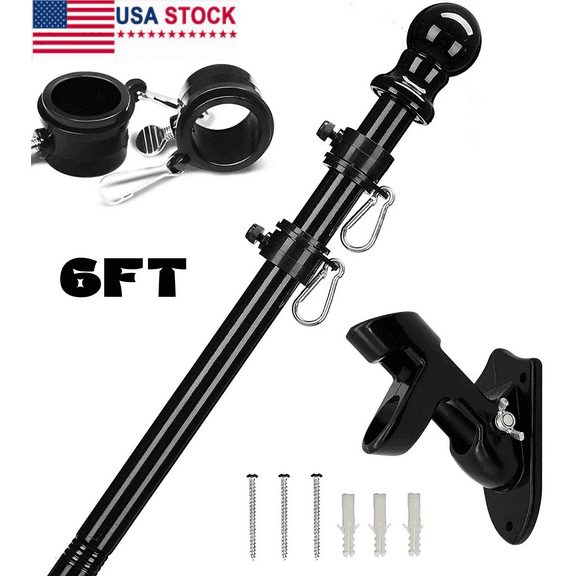 6FT Flag Pole Kit Heavy Duty Bracket Metal Pole with 2 Rotating Rings for Garden(Black)