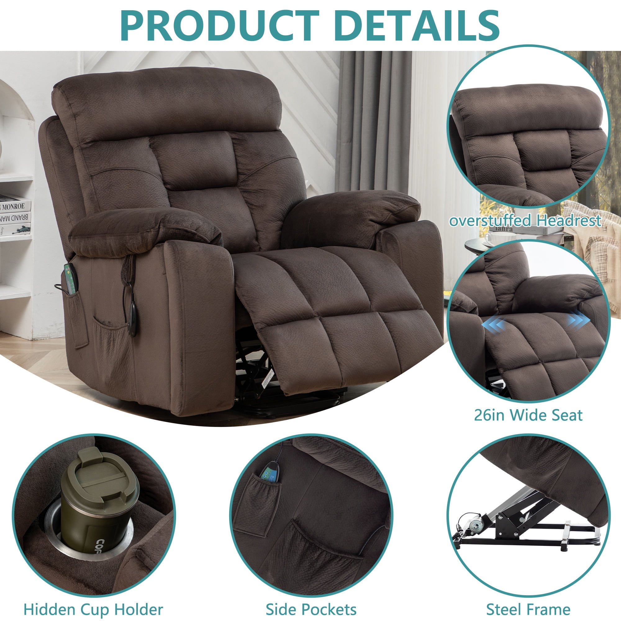 26 Inch Wide Seat Recliner Chair for Adults and Elderly, UHOMEPRO Oversized Power Lift Recliner Chair with Heat and Massage, Overstuffed Headrest, 350 lb Capacity, Dark Brown